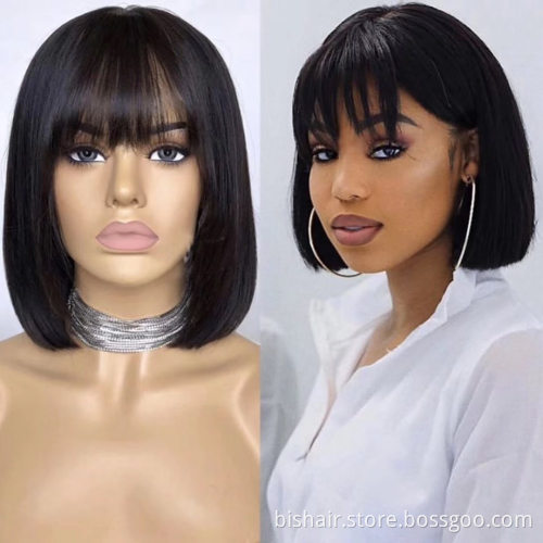 Straight Bob Human Hair Wigs With Bang No Lace Full Machine Made Wigs Brazilian Remy Human Hair Bob Wigs For Woman 8-16 inch
